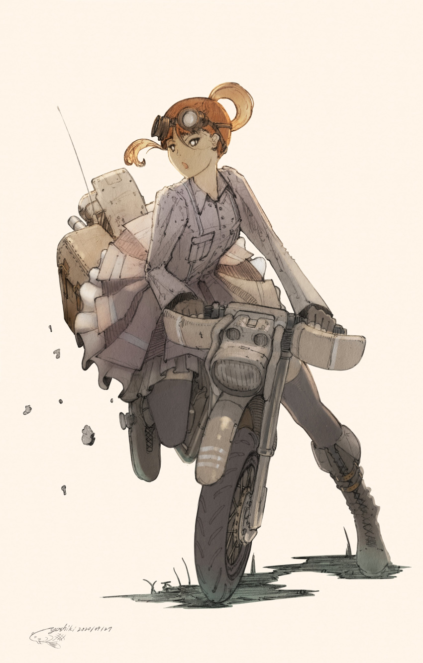 1girl absurdres blonde_hair dated floating_hair gaimoon ground_vehicle highres looking_to_the_side motor_vehicle motorcycle open_mouth original skirt solo tied_hair white_eyes
