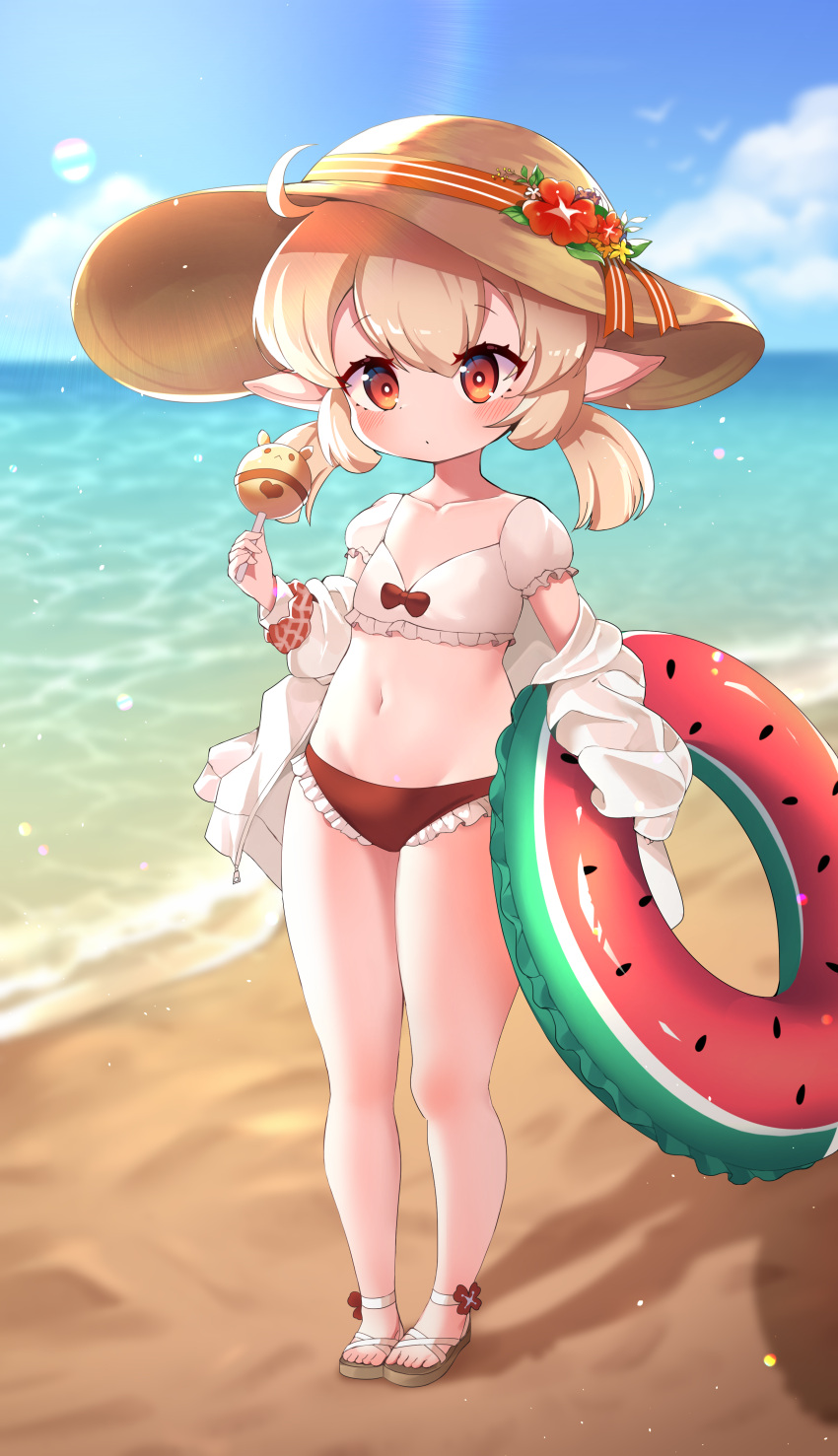1girl absurdres ahoge alternate_costume bangs beach blue_sky blurry child clouds cloudy_sky clover_print collarbone commentary_request depth_of_field eyebrows_visible_through_hair food food_print full_body genshin_impact hair_between_eyes hat highres holding holding_food horizon innertube jacket jumpy_dumpty klee_(genshin_impact) light_brown_hair long_hair looking_at_viewer low_twintails midriff navel ocean off_shoulder orange_eyes pointy_ears sandals sidelocks sky solo standing summer sun_hat swimsuit twintails watermelon_print white_jacket yukki_bunny