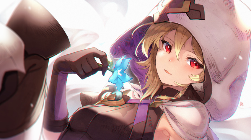 1girl alex_(dragalia_lost) black_gloves blonde_hair blue_flower brooch cape cloak dragalia_lost flower gloves hair_between_eyes highres hood jewelry looking_at_viewer nakabayashi_zun red_eyes simple_background solo white_background white_cloak