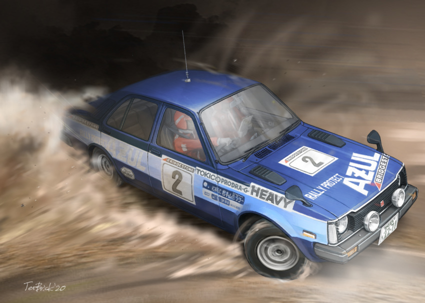 2boys artist_name drifting driving dust helmet isuzu_gemini isuzu_motors jettoburikku multiple_boys original vehicle_focus wheel