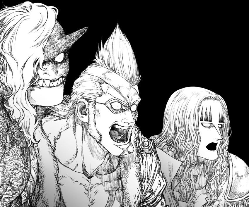 3boys alternate_form armor asymmetrical_hair basil_hawkins black_background chest clenched_teeth collarbone constricted_pupils eyebrows greyscale hair_over_one_eye highres jacket long_hair looking_afar male_focus mask medium_hair monochrome monster_boy multiple_boys one_piece open_mouth page_one_(one_piece) scar sharp_teeth shirt shiso_i4 shoulder_armor side-by-side sideburns simple_background teeth upper_body wide-eyed x_drake