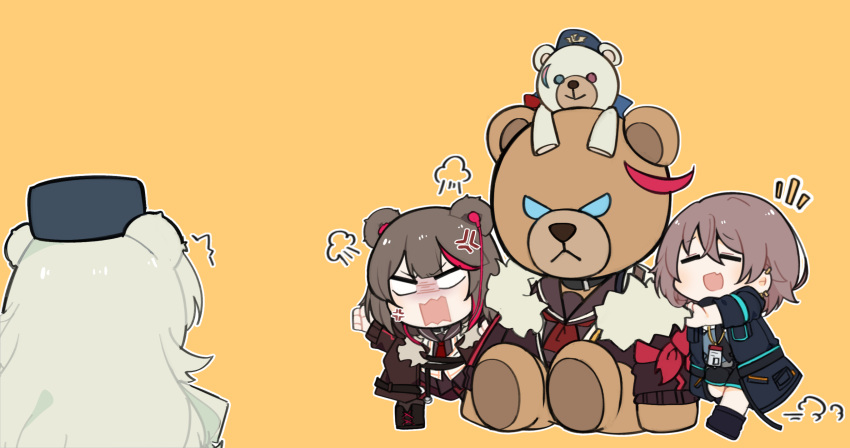 3girls angry animal_ears arknights axe bangs bear_ears black_choker black_footwear black_jacket black_legwear black_sailor_collar black_shirt blue_eyes blue_headwear boots breasts brown_hair brown_skirt chibi choker coat creepy_himecchi cross-laced_footwear doctor_(arknights) earphones earphones female_doctor_(arknights) full_body fur-trimmed_jacket fur_trim hair_between_eyes hand_up highres hood jacket kneehighs lace-up_boots long_hair long_sleeves multicolored_hair multiple_girls no_pupils open_clothes open_jacket pantyhose pleated_skirt red_legwear red_neckwear redhead ribbed_legwear rosa_(arknights) sailor_collar school_uniform serafuku shirt sidelocks silver_hair skirt small_breasts streaked_hair stuffed_animal stuffed_toy teddy_bear v-shaped_eyebrows zima_(arknights)