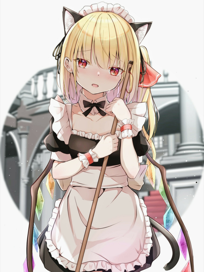 1girl alternate_costume animal_ear_fluff animal_ears apron arch bangs black_dress black_neckwear blonde_hair blush breasts broom cat_ears cat_tail collarbone commentary_request cowboy_shot detached_collar dress enmaided eyebrows_visible_through_hair flandre_scarlet grey_background hair_ribbon head_tilt highres holding holding_broom indoors iyo_(ya_na_kanji) kemonomimi_mode light_particles looking_at_viewer maid maid_headdress neck_ribbon one_side_up parted_lips puffy_short_sleeves puffy_sleeves red_eyes ribbon short_hair short_sleeves slit_pupils small_breasts solo stairs standing tail touhou waist_apron wings wrist_cuffs