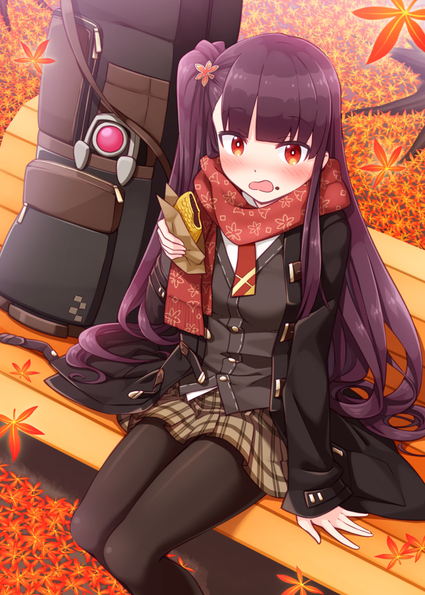 1girl arm_support autumn_leaves bangs bench black_coat black_legwear blush brown_skirt coat eyebrows_visible_through_hair feet_out_of_frame food food_on_face girls_frontline grey_vest highres holding holding_food long_hair long_sleeves looking_at_viewer nose_blush on_bench one_side_up open_clothes open_coat open_mouth pantyhose park_bench plaid plaid_skirt pleated_skirt purple_hair red_eyes red_scarf sansei_rain scarf shirt sitting sitting_on_bench skirt sleeves_past_wrists solo taiyaki very_long_hair vest wa2000_(girls_frontline) wagashi wavy_mouth white_shirt