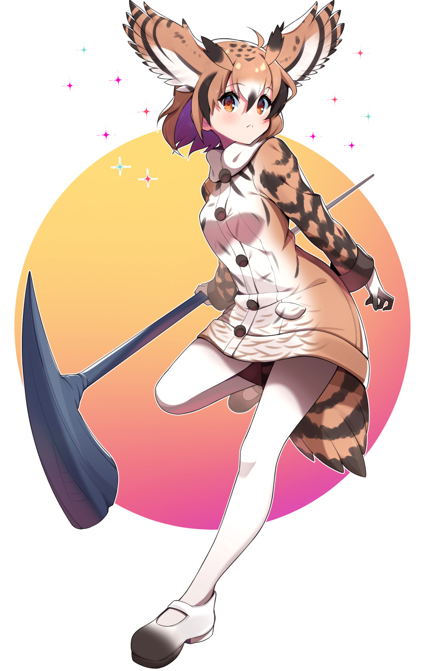 1girl absurdres bangs bird_tail brown_coat brown_eyes brown_hair closed_mouth coat commentary_request eurasian_eagle_owl_(kemono_friends) eyebrows_visible_through_hair frown full_body fur_collar head_wings highres holding kemono_friends long_sleeves looking_at_viewer mary_janes multicolored_hair pantyhose shoes short_hair solo sparkle staff standing standing_on_one_leg takom white_background white_footwear white_hair white_legwear