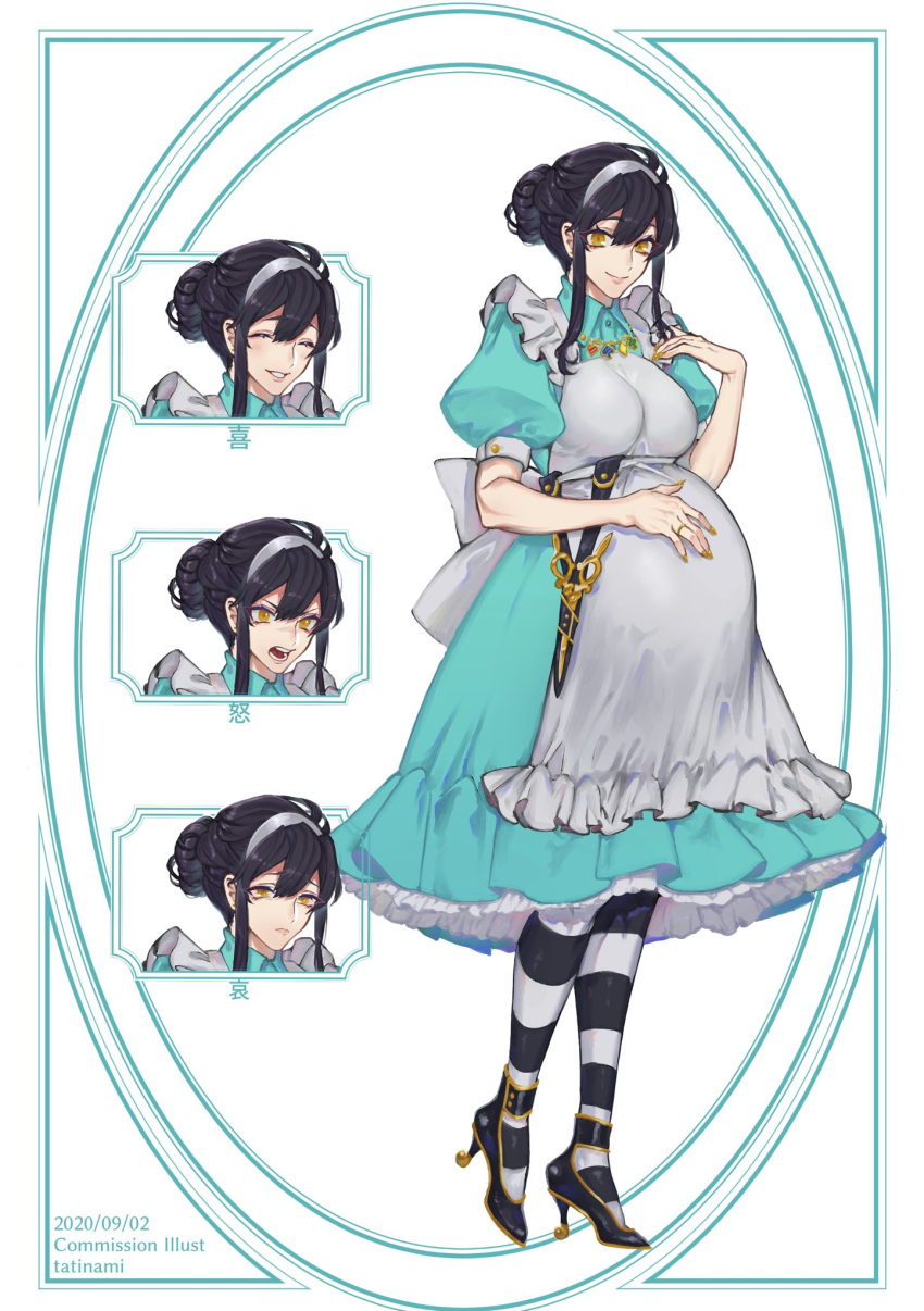 1girl angry black_hair black_legwear blush character_sheet closed_eyes closed_mouth commision dated english_text fingernails frills hair_between_eyes hair_bun hairband high_heels highres jewelry long_hair multiple_views necklace original pantyhose parted_lips pregnant puffy_sleeves ring sad scissors sheath sheathed silver_hairband smile solo striped striped_legwear tatinami teeth yellow_eyes yellow_nails