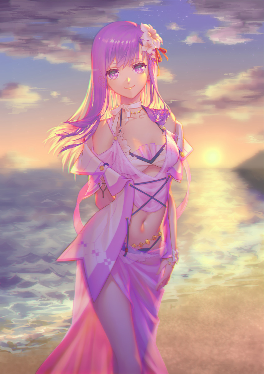 1girl beach clouds cloudy_sky collarbone commentary_request cyd_chen eyebrows_visible_through_hair fate/stay_night fate_(series) flower hair_flower hair_ornament hand_on_thigh heaven's_feel highres long_hair looking_at_viewer matou_sakura navel ocean purple_hair sky smile solo sun sunset swimsuit violet_eyes
