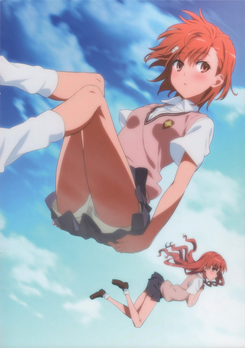 2girls absurdres bangs blue_sky blush breasts brown_footwear brown_hair closed_mouth clouds cloudy_sky day eyebrows_visible_through_hair full_body hair_ornament hairclip highres isshi_pyuma loafers long_hair misaka_mikoto multiple_girls outdoors pleated_skirt scan shoes short_hair short_sleeves shorts skirt sky small_breasts socks sweater_vest to_aru_kagaku_no_railgun to_aru_majutsu_no_index