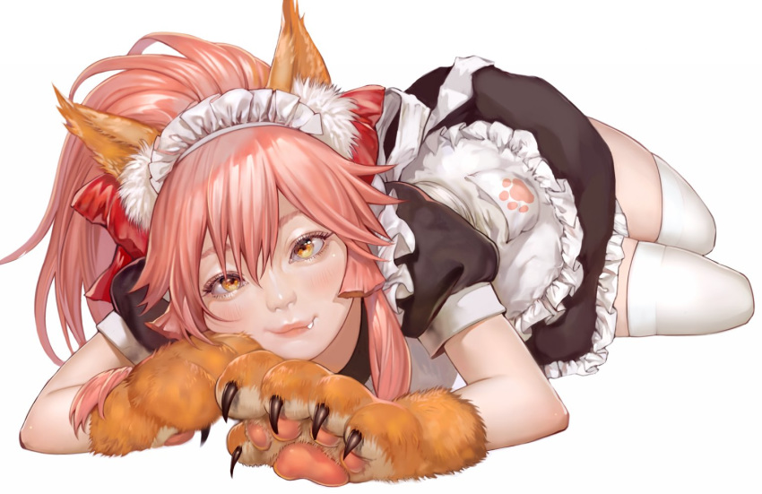 1girl animal_ear_fluff animal_ears apron black_dress bow closed_mouth dress fang fang_out fate/grand_order fate_(series) fox_ears gloves hair_bow looking_at_viewer maid maid_apron maid_headdress paw_gloves paw_print paws pink_hair ponytail puffy_short_sleeves puffy_sleeves red_bow short_sleeves simple_background smile solo tamamo_(fate)_(all) tamamo_cat_(fate) thigh-highs toma_(me666nm) white_apron white_background white_legwear
