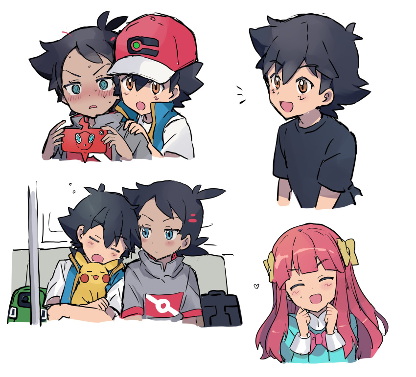 1paku54 2boys absurdres aqua_eyes ash_ketchum ashley_(pokemon_bw098) bangs baseball_cap black_hair black_shirt blush brown_eyes closed_eyes commentary crossdressinging gen_1_pokemon gen_4_pokemon goh_(pokemon) hat heart highres holding holding_pokemon long_hair looking_to_the_side multiple_boys multiple_views open_mouth pikachu pokemon pokemon_(anime) pokemon_(creature) pokemon_swsh_(anime) rotom rotom_phone shirt short_sleeves sleeping sleeveless sleeveless_jacket smile t-shirt tree_interior white_shirt