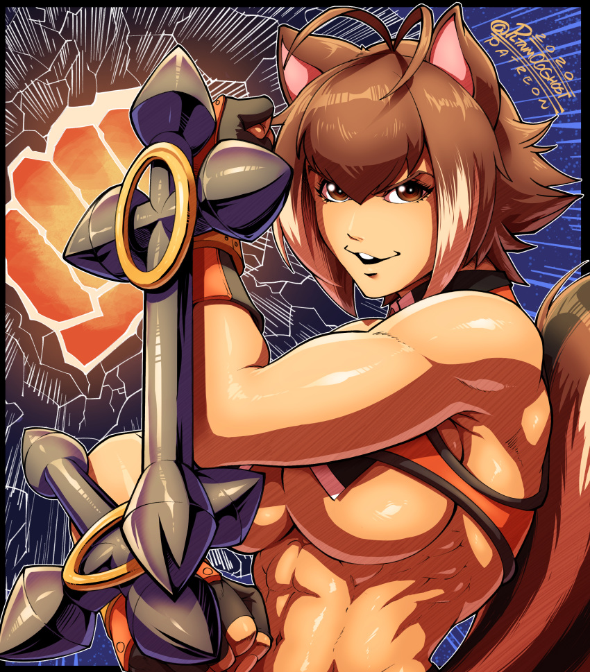 1girl abs absurdres animal_ears antenna_hair bangs blazblue breasts brown_eyes brown_hair buck_teeth clenched_hands commentary crop_top dual_wielding emphasis_lines english_commentary fingerless_gloves gloves highres holding joe_shimamura large_breasts looking_at_viewer makoto_nanaya multicolored_hair muscle muscular_female navel ribs short_hair solo squirrel_ears squirrel_girl squirrel_tail tail toned tonfa two-tone_hair under_boob upper_body weapon