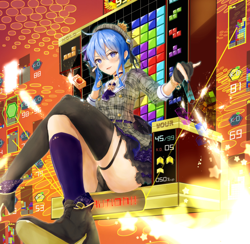 absurdres apple_juice asymmetrical_legwear beret black_panties blue_eyes blue_hair boots bracelet choker commentary_request crossed_legs crown gloves hand_on_own_face hat highres hololive hoshimachi_suisei huge_filesize jewelry juice_box mugiusagi open_mouth panties pantyshot partly_fingerless_gloves plaid plaid_jacket plaid_skirt side_ponytail single_thighhigh sitting skirt solo star_(symbol) star_in_eye symbol_in_eye tetris thigh-highs throne underwear virtual_youtuber