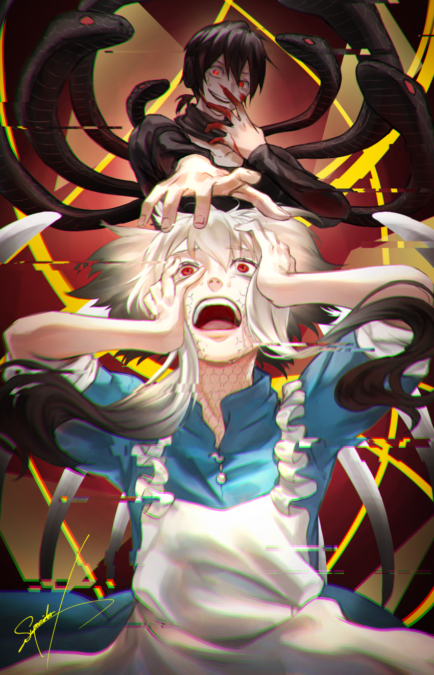 1boy 1girl absurdres apron black_hair blood bloody_hands covering_mouth dark_konoha dress evil_smile headphones highres kagerou_project konoha_(kagerou_project) kozakura_marry long_hair looking_up outer_science_(vocaloid) red_eyes scales short_hair short_ponytail signature single_tear smile snake superciderx twintails yellow_eyes