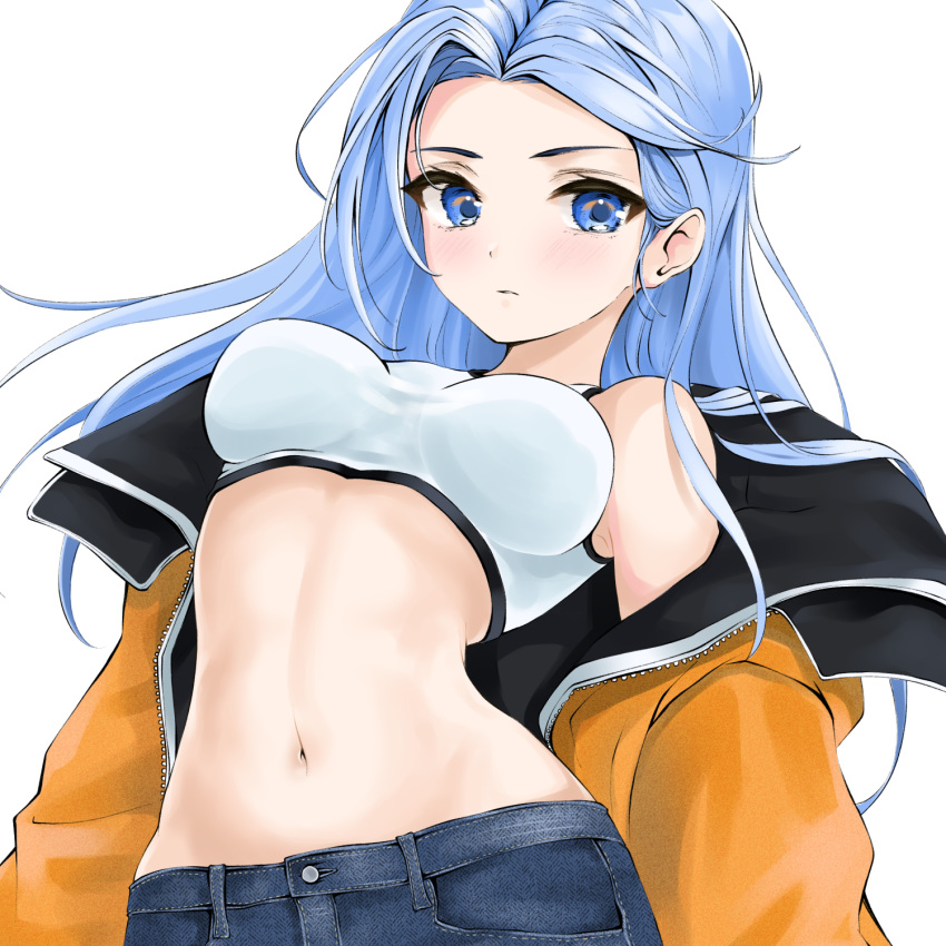 1girl bare_shoulders blue_eyes blue_hair blue_shorts breasts chaesu close-up closed_mouth crop_top denim denim_shorts floating_hair forehead highres jacket long_hair long_sleeves looking_at_viewer medium_breasts midriff minah_(chaesu) navel off_shoulder open_clothes open_jacket orange_jacket original shirt shorts simple_background sleeveless sleeveless_shirt solo stomach upper_body white_background white_shirt