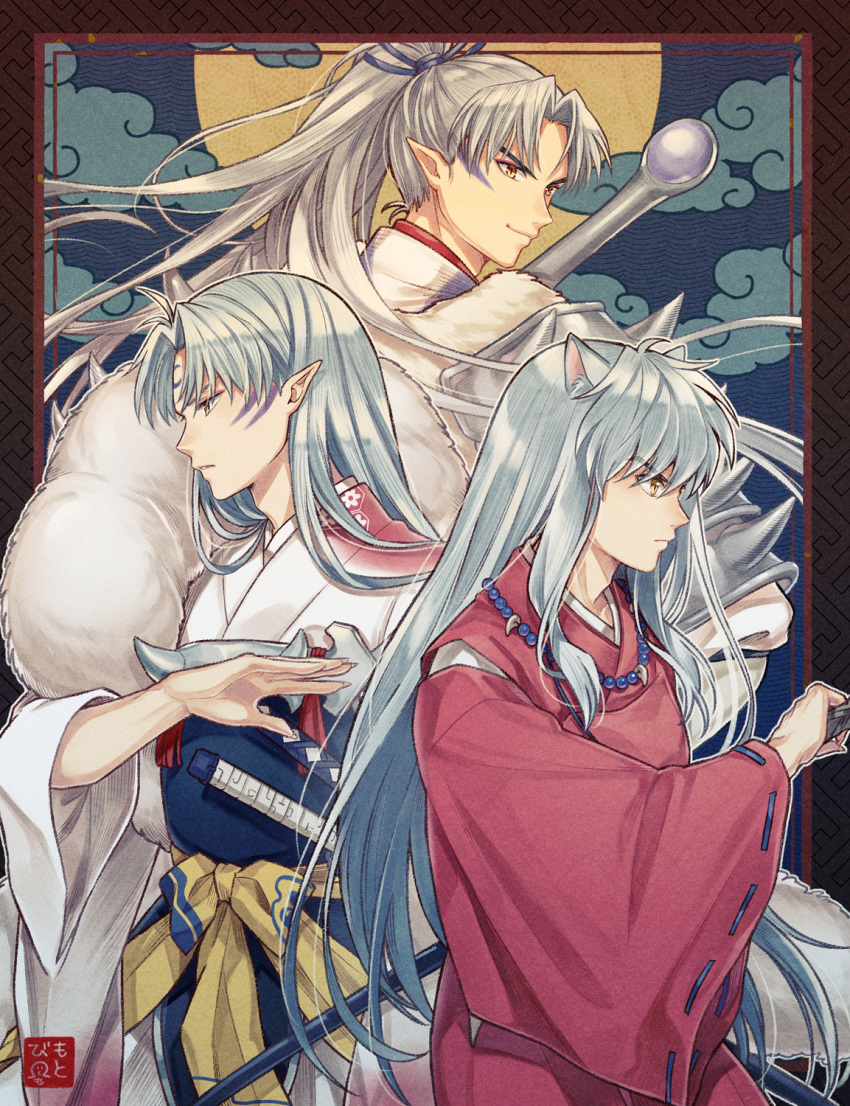 3boys animal_ears armor bangs bead_necklace beads blush brothers clouds cowboy_shot crescent dog_ears facial_mark family fang_necklace father_and_son floral_print forehead_mark frown full_moon gradient high_ponytail highres inu_no_taishou inuyasha inuyasha_(character) japanese_clothes jewelry kimono long_hair long_sleeves looking_at_viewer looking_away looking_back male_focus moon motobi_(mtb_umk) multiple_boys multiple_swords necklace outside_border pointy_ears ponytail profile ready_to_draw ribbon-trimmed_sleeves ribbon_trim sash sesshoumaru shoulder_armor siblings sidelocks silver_hair smile straight_hair sword very_long_hair weapon white_hair white_kimono wide_sleeves yellow_eyes