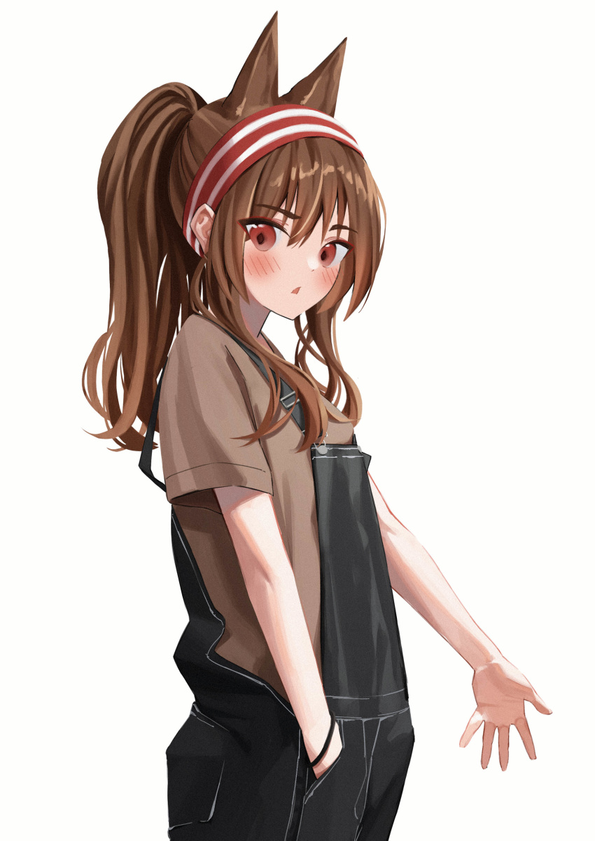 1girl absurdres alternate_hairstyle angelina_(arknights) animal_ears arknights blush brown_hair hairband highres long_hair looking_at_viewer open_mouth overalls ponytail re_sen01000 red_eyes shirt sidelocks simple_background solo standing t-shirt wristband