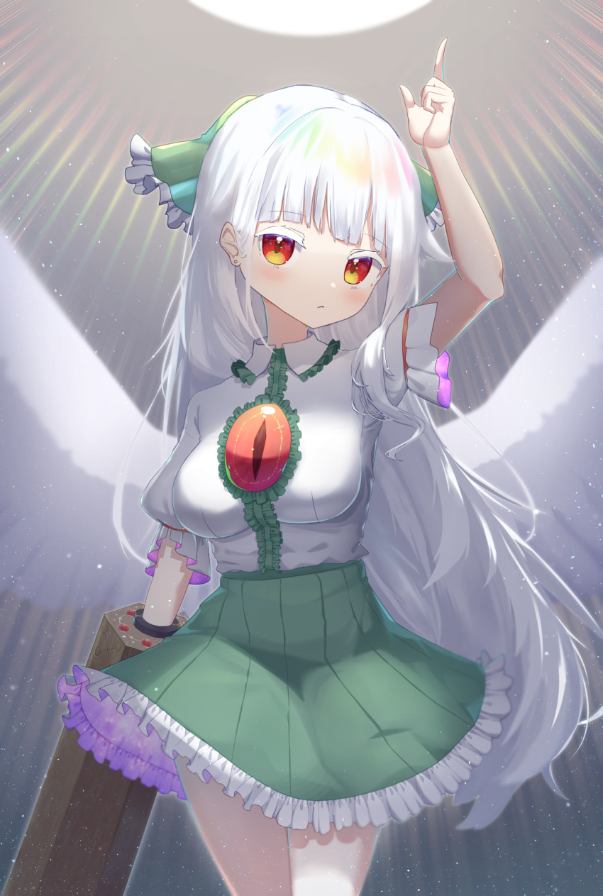 albino arm_cannon bird_wings bow breasts control_rod cowboy_shot eyebrows_visible_through_hair frilled_skirt frills green_bow green_skirt hair_bow highres kiramarukou large_breasts long_hair pointing puffy_short_sleeves puffy_sleeves red_eyes reiuji_utsuho short_sleeves skirt star_(sky) sun sunlight third_eye touhou weapon white_background white_hair white_wings wings