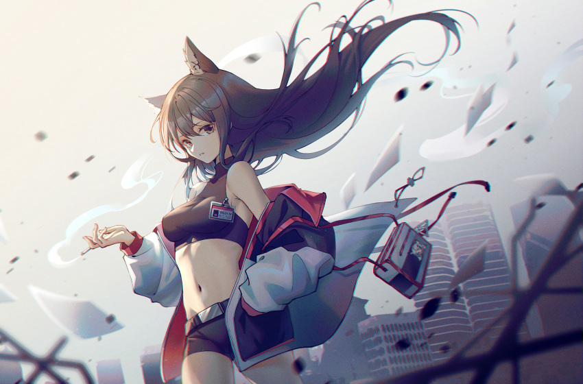 1girl animal_ears arknights bangs bare_shoulders black_hair black_shirt black_shorts breasts brown_eyes chinese_commentary cigarette commentary_request cowboy_shot crop_top floating_hair hair_between_eyes highres holding holding_cigarette jacket long_hair looking_at_viewer medium_breasts midriff navel off_shoulder open_clothes open_jacket parted_lips partial_commentary shirt short_shorts shorts sleeveless sleeveless_shirt so_tsubasa solo standing stomach texas_(arknights) thighs white_jacket wolf_ears