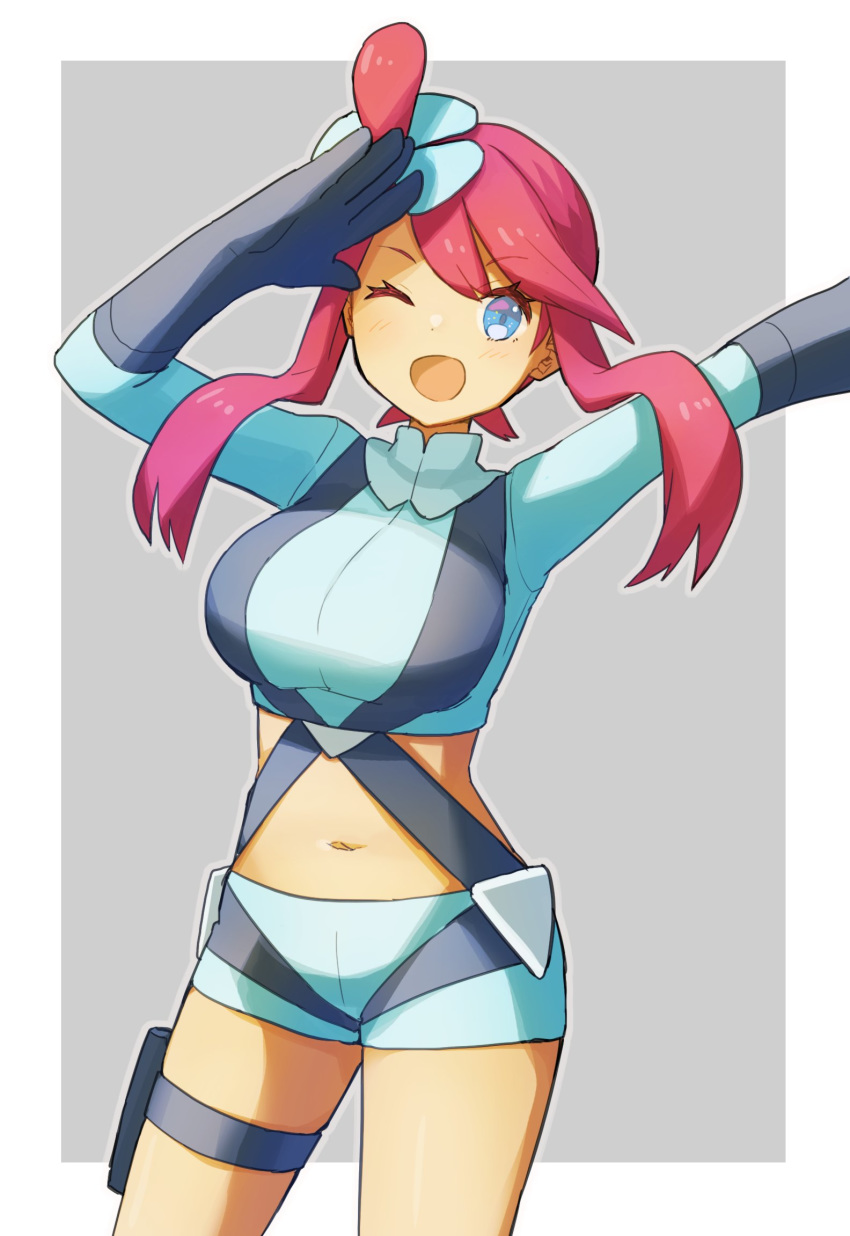 1girl arms_up bangs blue_eyes blue_shorts blush breasts commentary crop_top eyelashes gloves gym_leader hair_ornament highres holster navel open_mouth peppedayo_ne pink_hair pokemon pokemon_(game) pokemon_bw salute short_shorts shorts sidelocks skyla_(pokemon) smile solo two-tone_background