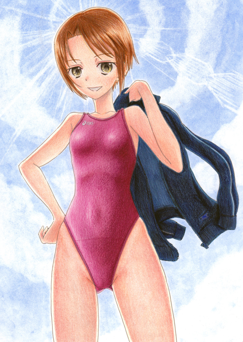 1girl asics bangs blue_sky bob_cut breasts brown_hair clouds collarbone colored_pencil_(medium) competition_swimsuit cowboy_shot disconnected_mouth eyebrows_visible_through_hair grin gym_uniform hand_on_hip hidaka_medaka highleg highres jacket jersey looking_at_viewer medium_breasts one-piece_swimsuit outdoors school_uniform short_hair sidelocks sky smile solo standing sunlight swimsuit thighs tomboy track_jacket track_suit traditional_media yellow_eyes