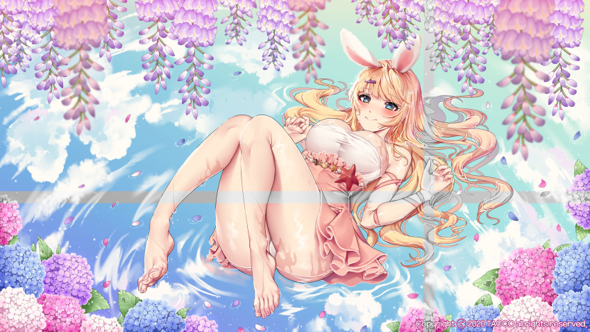 1girl animal_ears ass bangs bare_legs bare_shoulders barefoot blonde_hair blue_eyes blue_flower blunt_bangs blush breasts closed_mouth commentary_request dress eyebrows_visible_through_hair feet flower from_above hair_ornament hairclip highres hydrangea large_breasts long_hair looking_at_viewer lying on_back original outdoors panties petals petals_on_liquid pink_dress pink_flower rabbit_ears ribbon shell short_dress skindentation smile solo starfish tacco_(tikeworld) toes underwear water wet wet_clothes white_flower white_panties wisteria
