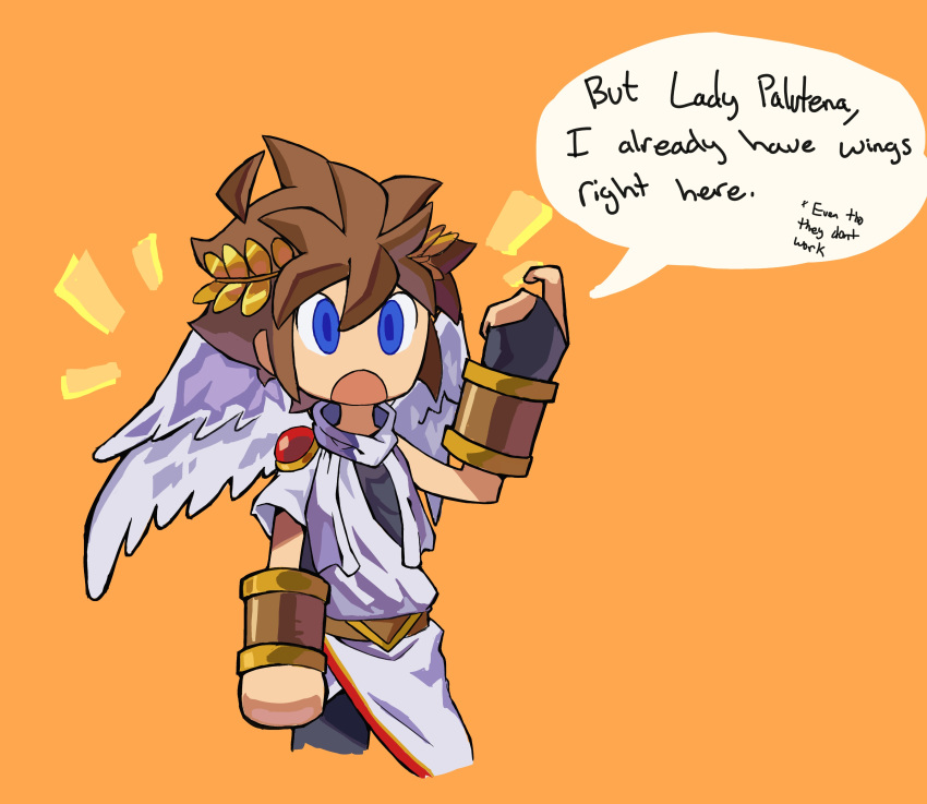 1boy absurdres angel_wings blue_eyes brown_hair english_text highres kid_icarus kid_icarus_uprising open_mouth orange_background pit_(kid_icarus) pointing pointing_at_self rising_(risingacetrainer) sketch solo speech_bubble wings