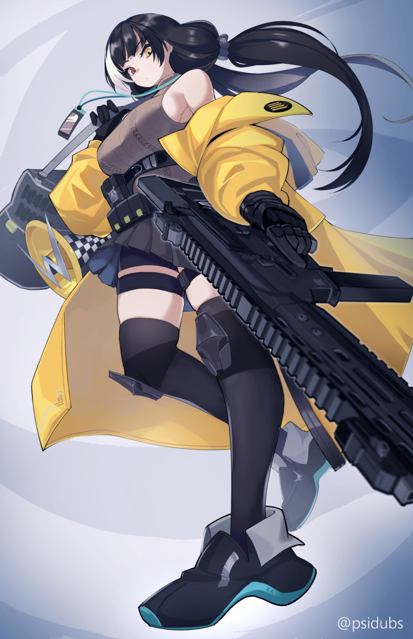 1girl black_gloves black_hair black_legwear breasts carrying_bag from_below girls_frontline gloves gun heterochromia highres holding holding_gun holding_weapon id_card jacket knee_pads large_breasts long_sleeves low_twintails megaphone multicolored_hair noveske_space_invader off_shoulder open_clothes open_jacket psidubs red_eyes ro635 ro635_(girls_frontline) sleeveless_sweater solo standing streaked_hair submachine_gun thigh-highs thigh_strap twintails weapon white_hair yellow_eyes yellow_jacket