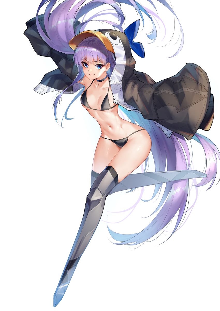 1girl absurdres animal_hood bangs bare_shoulders bikini black_bikini black_jacket blue_bow blue_eyes blush bow breasts choker closed_mouth collarbone fate/grand_order fate_(series) greaves highres hood hood_up jacket kaer_sasi_dianxia legs long_hair long_sleeves looking_at_viewer meltryllis meltryllis_(swimsuit_lancer)_(fate) navel open_clothes open_jacket penguin_hood prosthesis prosthetic_leg purple_hair simple_background sleeves_past_fingers sleeves_past_wrists small_breasts smile swimsuit very_long_hair white_background