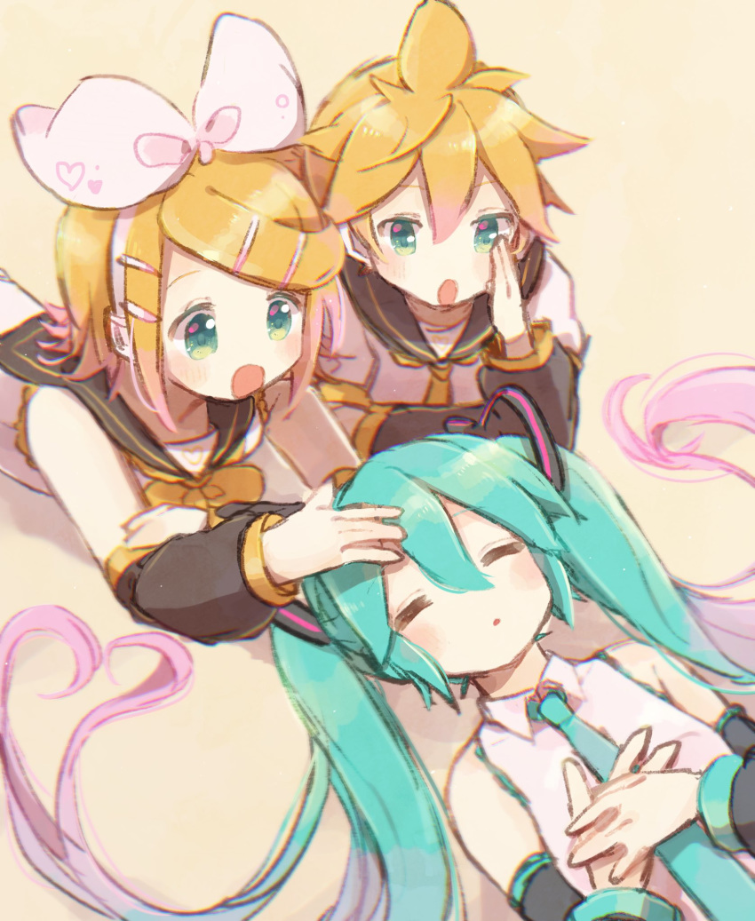 1boy 2girls aqua_hair aqua_neckwear arm_warmers bangs bare_shoulders black_collar black_sleeves blonde_hair bow collar commentary detached_sleeves hair_bow hair_ornament hairclip hand_on_another's_head hands_on_own_chest hands_together hatsune_miku heart highres kagamine_len kagamine_rin long_hair lying multiple_girls neckerchief necktie on_back on_stomach open_mouth petting sailor_collar school_uniform shirt short_hair short_sleeves sleeveless sleeveless_shirt spiky_hair swept_bangs twintails upper_body very_long_hair vocaloid white_bow white_shirt yellow_neckwear yuirinex