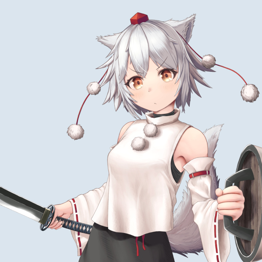 1girl animal_ears bangs black_skirt blue_background blush breasts closed_mouth detached_sleeves dutch_angle hat head_tilt highres holding holding_shield holding_sword holding_weapon inubashiri_momiji katana medium_breasts orange_eyes parted_bangs pom_pom_(clothes) rancha shield short_hair silver_hair simple_background skirt sleeveless sleeveless_turtleneck sword tail tokin_hat touhou turtleneck upper_body v-shaped_eyebrows weapon wolf_ears wolf_tail