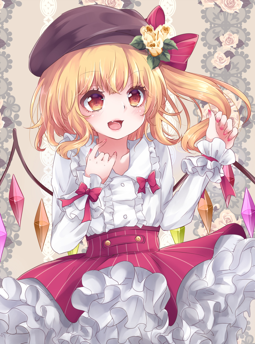 1girl :d absurdres adapted_costume bangs beige_background beret blonde_hair blush bow brown_headwear collarbone commentary_request crystal eyebrows_visible_through_hair eyelashes fangs flandre_scarlet floral_background flower frilled_skirt frills hair_bow hat highres lips long_sleeves nail_polish one_side_up open_mouth orange_eyes red_bow red_nails red_skirt shirt skirt smile striped tongue touhou vertical_stripes white_shirt wings yuria_(kittyluv)