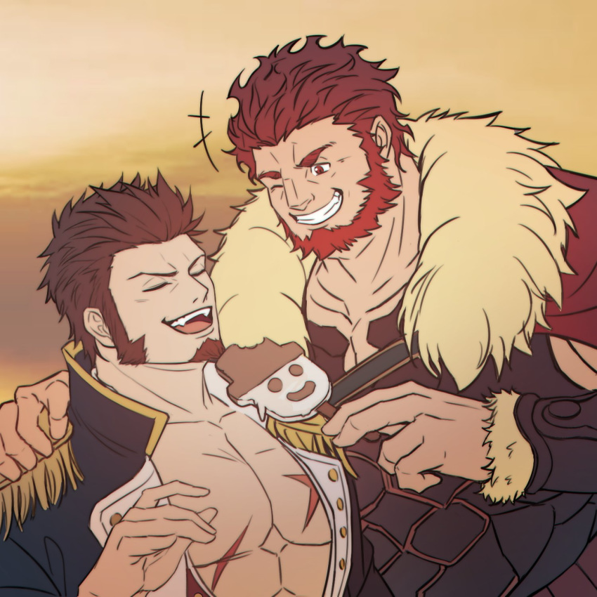 2boys abs bara bare_chest beard blue_eyes breastplate brown_hair cape chest chest_scar cleavage_cutout clothing_cutout collar couple epaulettes error facial_hair fate/grand_order fate/zero fate_(series) feeding food fur-trimmed_cape fur_trim goatee highres ice_cream ina_zuma iskandar_(fate) jacket leather male_focus manly melting military military_uniform multiple_boys muscle napoleon_bonaparte_(fate/grand_order) one_eye_closed open_clothes open_jacket open_mouth red_eyes redhead scar short_hair sideburns simple_background smirk uniform upper_body