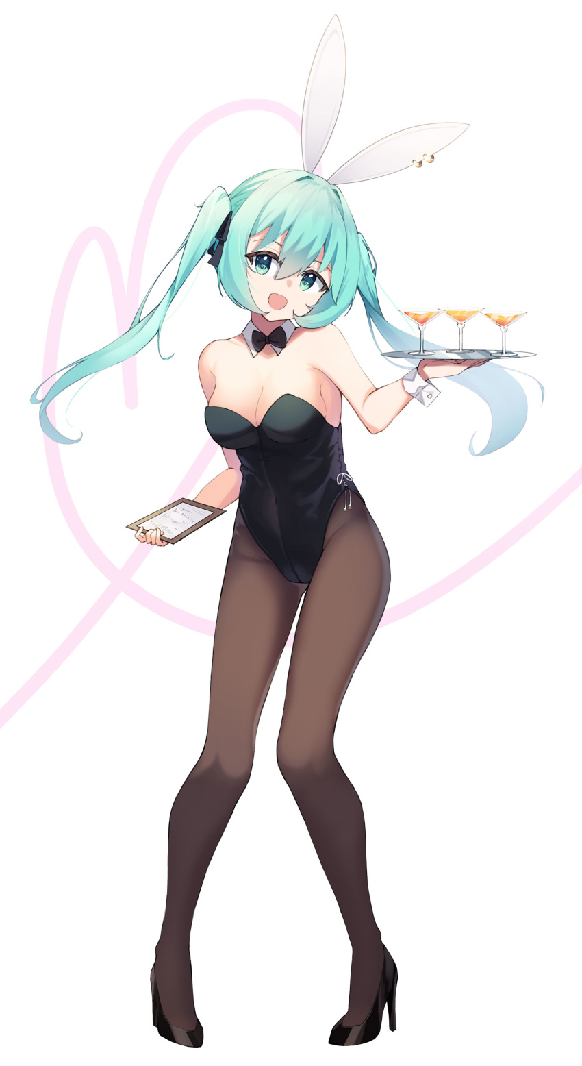 1girl absurdres animal_ears aqua_eyes aqua_hair bare_shoulders black_bow black_neckwear bow bowtie bunny_girl bunnysuit cocktail_glass commentary cup detached_collar drinking_glass full_body hatsune_miku heart high_heels highres holding holding_menu holding_tray long_hair looking_at_viewer menu open_mouth pantyhose rabbit_ears sango_30 smile solo tray twintails vocaloid white_background