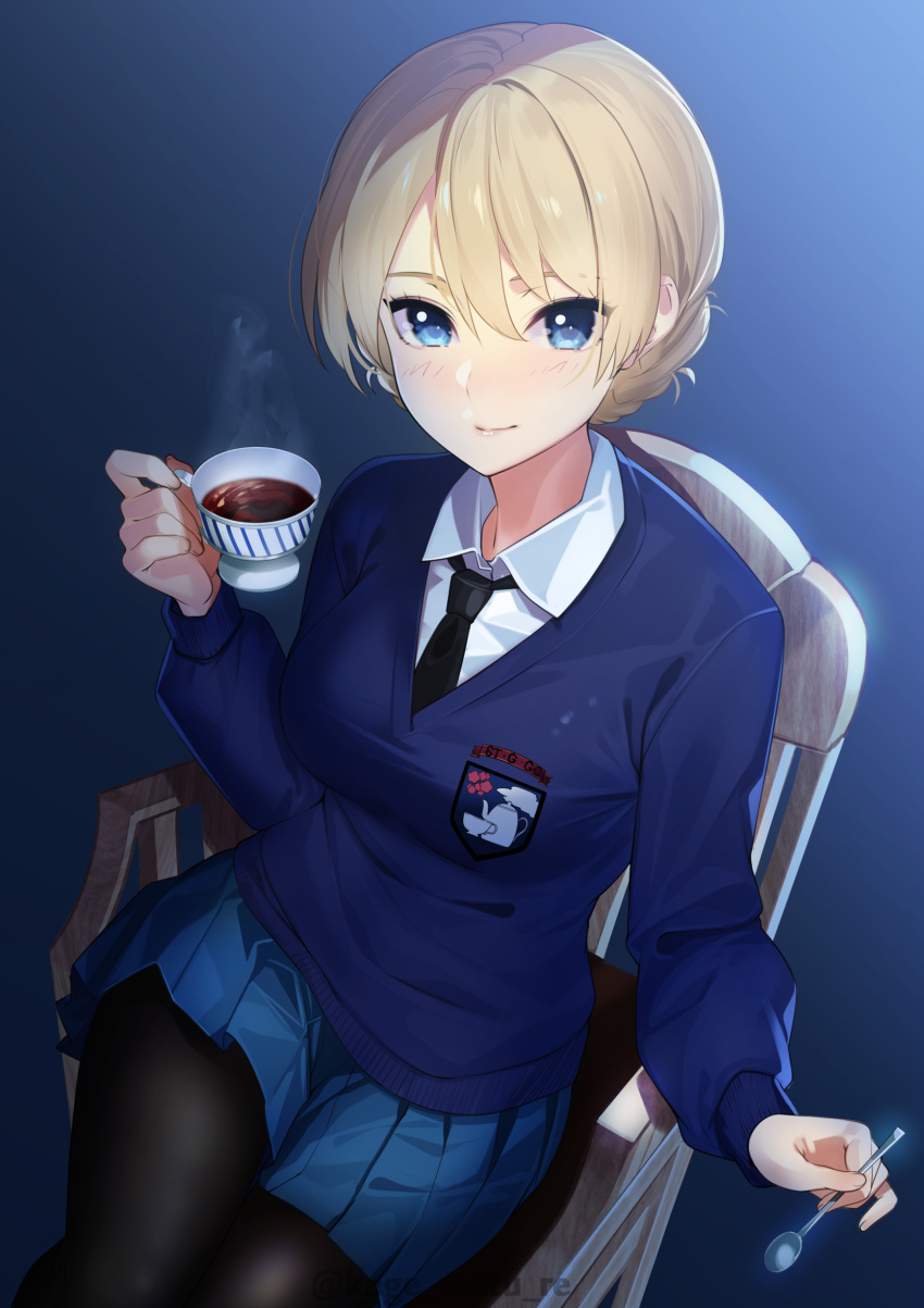 1girl absurdres bangs blonde_hair blue_eyes blue_skirt blue_sweater blush braid breasts chair closed_mouth cup darjeeling_(girls_und_panzer) girls_und_panzer highres holding holding_cup kagematsuri large_breasts long_sleeves looking_at_viewer short_hair sitting skirt smile sweater teacup thighs