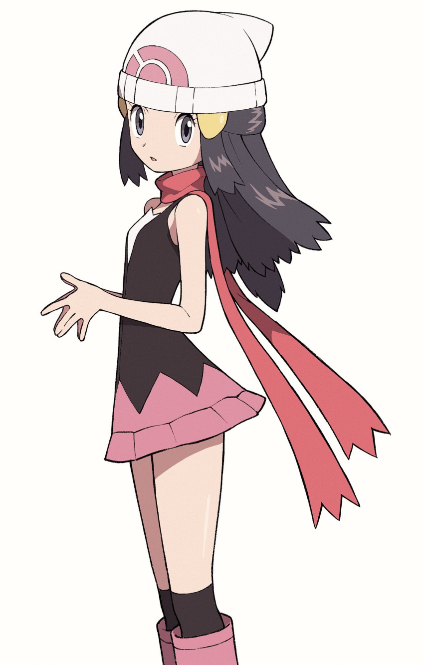 1girl bare_arms beanie black_hair black_legwear boots hikari_(pokemon) eyelashes floating_hair grey_eyes hair_ornament hairclip hands_together hat highres looking_at_viewer looking_to_the_side open_mouth over-kneehighs pink_footwear pokemon pokemon_(game) pokemon_dppt red_scarf scarf simple_background sleeveless solo thigh-highs tongue white_background white_headwear yoshi_(moco1)