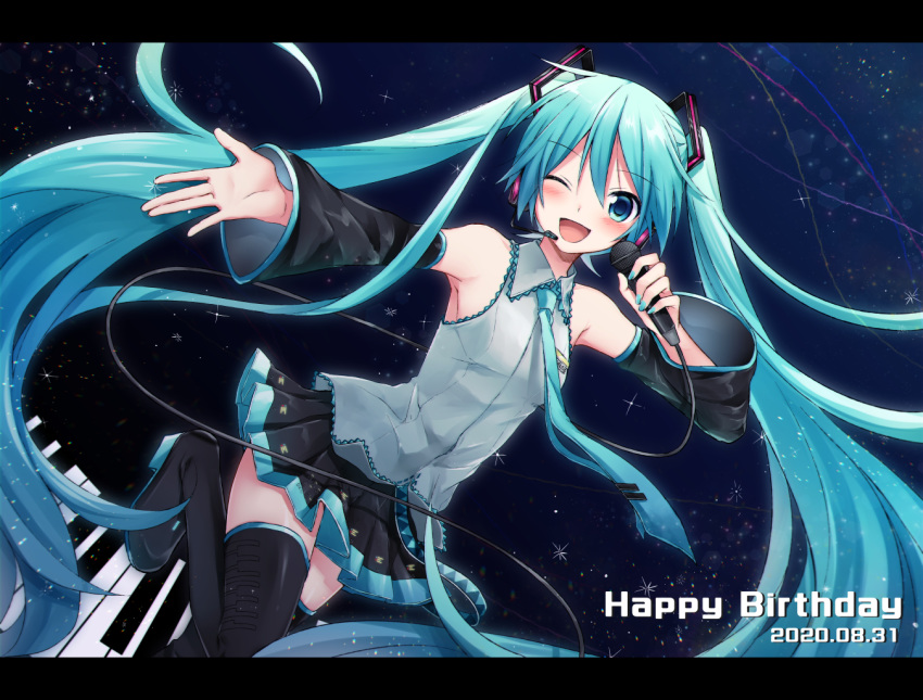 1girl aqua_eyes aqua_hair aqua_nails aqua_neckwear bare_shoulders black_legwear black_skirt black_sleeves blush boots cable commentary cowboy_shot dated detached_sleeves dutch_angle grey_shirt hair_ornament happy_birthday hatsune_miku headphones headset holding holding_microphone leg_up long_hair looking_at_viewer microphone miniskirt nail_polish necktie night one_eye_closed open_mouth outstretched_arm piano_keys pleated_skirt shirt skirt sky sleeveless sleeveless_shirt smile solo star_(sky) starry_sky sudachi_(calendar) thigh-highs thigh_boots twintails very_long_hair vocaloid zettai_ryouiki