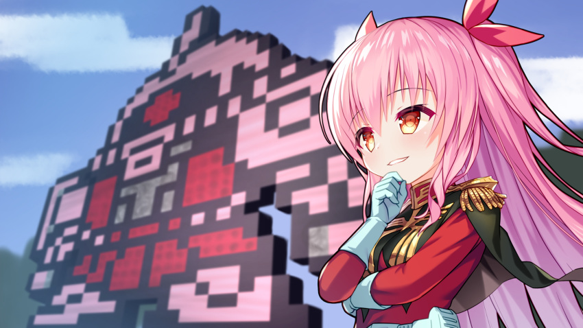 1girl bangs bettle_(b_s_a_n) black_capelet breasts capelet gloves grin hair_ribbon hand_on_own_chin highres himekuma_ribon jacket long_hair pink_hair pixel_art re:act red_eyes red_jacket ribbon sidelocks small_breasts smile virtual_youtuber white_gloves zaku_ii_s_char_custom