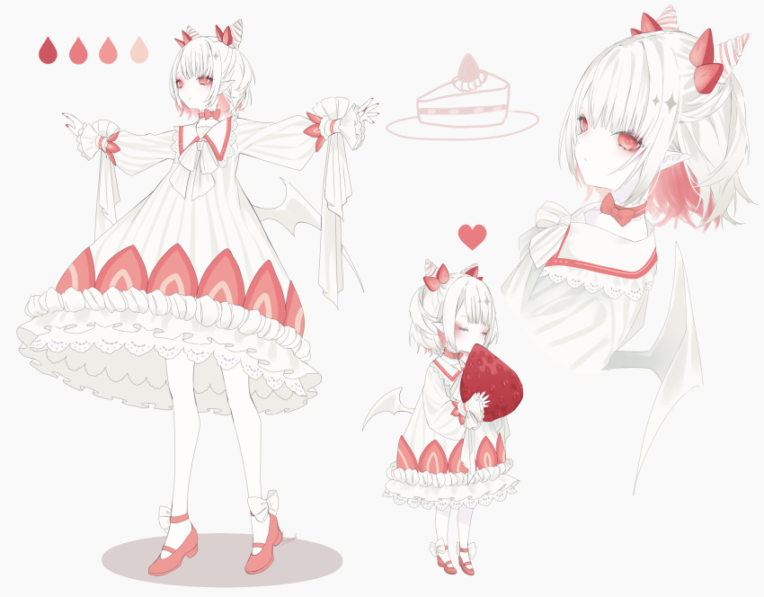 1girl absurdres albino blush bow bowtie cake cake_slice closed_eyes dress food food_themed_clothes frilled_dress frills fruit heart heart-shaped_pupils highres horns kotarou_(kot_mochi) long_sleeves multiple_views original pointy_ears red_bow red_eyes red_footwear standing strawberry symbol-shaped_pupils white_dress white_hair white_legwear white_skin wings