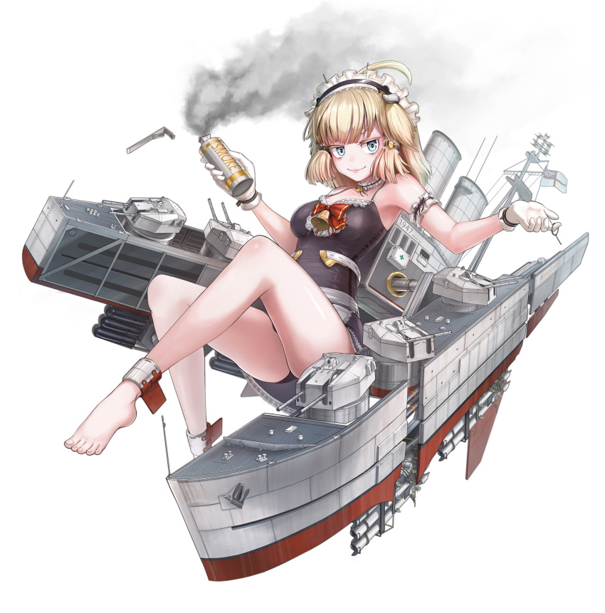 1girl 5ent_(bullbug) absurdres bare_shoulders barefoot bell blonde_hair blue_eyes bow breasts choker dress frilled_choker frills full_body gloves grenade_pin highres medium_breasts medium_hair original red_bow rigging simple_background sleeveless sleeveless_dress smoke solo torpedo_launcher turret white_background white_gloves world_of_warships