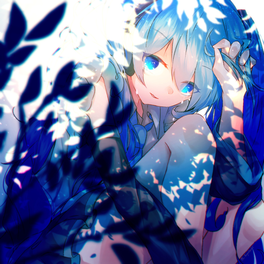 bare_shoulders black_skirt black_sleeves blue_eyes blue_hair blue_neckwear blurry_foreground commentary crying crying_with_eyes_open dappled_sunlight detached_sleeves frilled_shirt frills fuyuzuki_gato hair_ornament hair_twirling hand_up hatsune_miku headphones highres leaf leg_hug long_hair looking_at_viewer miniskirt necktie parted_lips plant pleated_skirt shirt sidelighting sitting skirt sleeveless sleeveless_shirt sunlight tears twintails very_long_hair vocaloid white_shirt