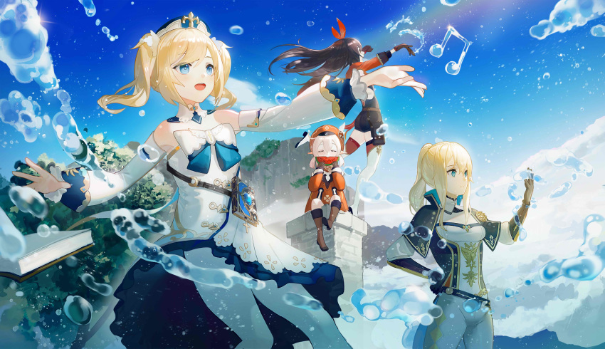 4girls =_= absurdres amber_(genshin_impact) barbara_(genshin_impact) blonde_hair book brown_gloves brown_hair brown_shorts capelet detached_collar detached_sleeves dress eating eyebrows_visible_through_hair floating floating_book floating_object food fruit genshin_impact gloves hair_between_eyes high_collar highres jean_gunnhildr klee_(genshin_impact) knight leiq light_particles long_hair magic medium_hair multiple_girls outdoors outstretched_arm pointy_ears ponytail rainbow short_twintails shorts sidelocks sitting smile sunlight tree twintails water water_drop watermelon white_sleeves
