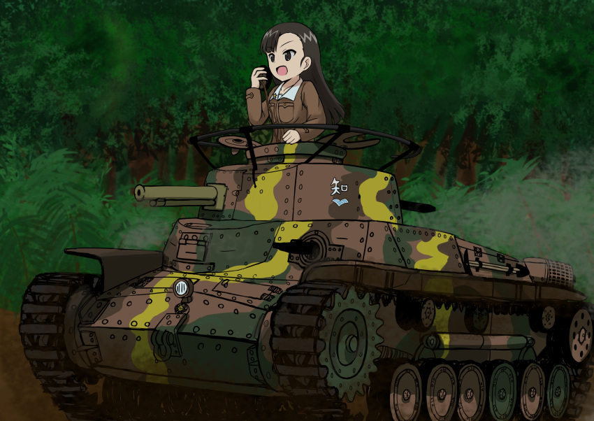 1girl absurdres black_eyes black_hair breasts bush caterpillar_tracks chi-hatan_(emblem) chi-hatan_military_uniform commentary_request emblem forest girls_und_panzer ground_vehicle highres long_hair military military_vehicle motor_vehicle nature nishi_kinuyo open_mouth pzmark_hobby tank tree type_97_chi-ha