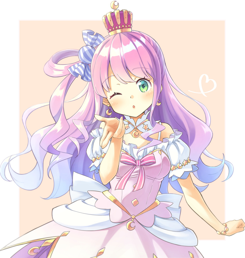 1girl absurdres blown_kiss blush candy_hair_ornament commentary_request crown dress earrings food_themed_hair_ornament hair_ornament hair_rings heterochromia highres himemori_luna hololive jewelry looking_at_viewer one_eye_closed open_mouth pink_hair simple_background solo virtual_youtuber
