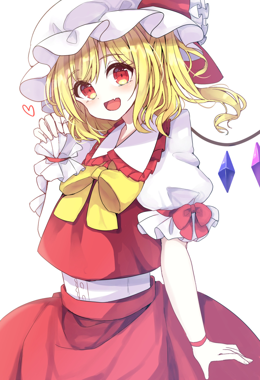 1girl :d absurdres blonde_hair blush bow cowboy_shot crystal eyebrows_visible_through_hair fang flandre_scarlet frills happy hat heart highres looking_at_viewer medium_hair mob_cap nanairo_madani open_mouth puffy_short_sleeves puffy_sleeves red_bow red_eyes red_skirt shirt short_sleeves skin_fang skirt skirt_set smile touhou white_background white_shirt wings yellow_bow