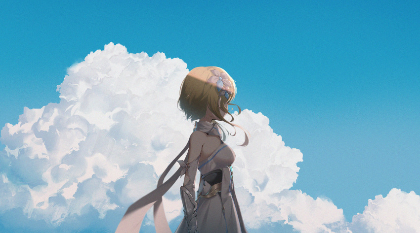 1girl arm_guards blonde_hair chinese_commentary clouds cloudy_sky detached_sleeves dress facing_away female_traveler_(genshin_impact) film_grain flower genshin_impact hair_flower hair_ornament highres short_hair_with_long_locks sidelocks sin. sky sleeveless sleeveless_dress solo vambraces white_dress white_sleeves