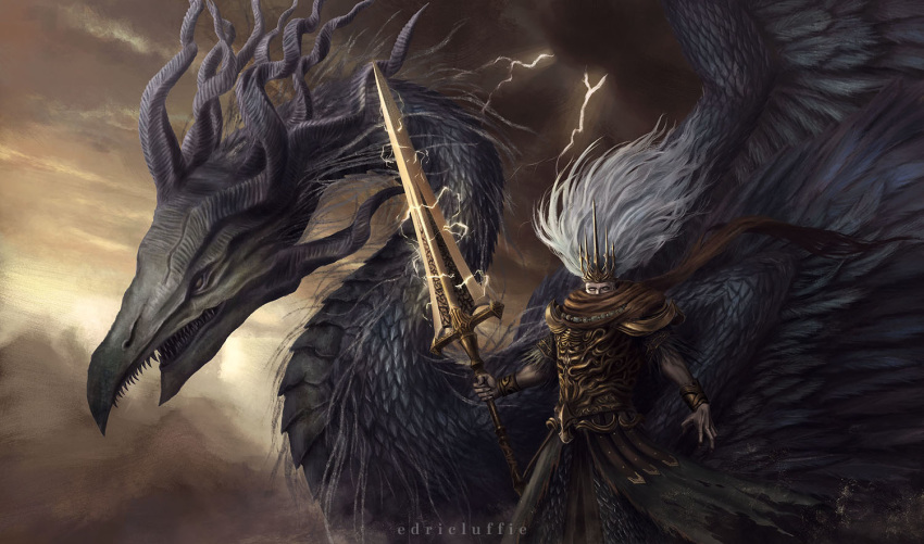 1boy artist_name blank_eyes breastplate brown_scarf clouds cloudy_sky commentary cowboy_shot crown dark_souls_iii dragon dragon_horns electricity feathers floating_hair holding holding_spear holding_weapon horns long_hair looking_at_viewer luffie male_focus multiple_horns nameless_king open_hand outdoors polearm robe scale_armor scales scarf short_sleeves sky solo souls_(from_software) spear standing teeth weapon western_dragon white_hair wings
