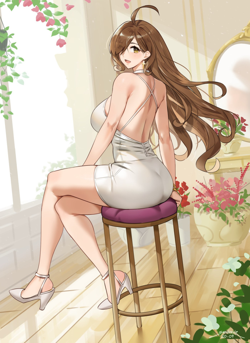 1girl ahoge ass back bangs bare_shoulders blush breasts brown_eyes brown_hair cross cross_earrings dress earrings flower hair_over_one_eye high_heels highres jewelry kono_subarashii_sekai_ni_shukufuku_wo! large_breasts legs long_hair looking_at_viewer looking_back mirror open_mouth sendrawz sitting smile stool white_dress wiz_(konosuba)