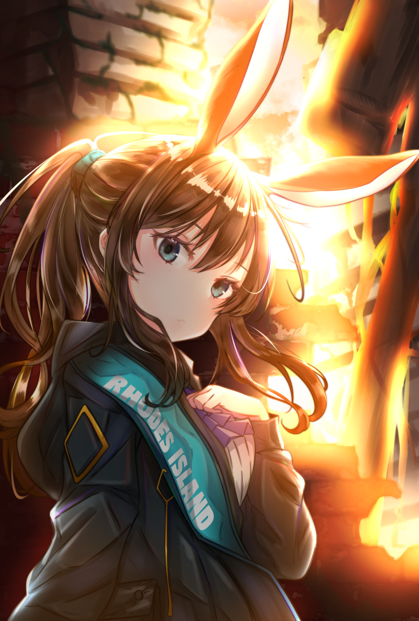 1girl absurdres amiya_(arknights) animal_ears arknights bangs black_jacket blue_eyes brown_hair commentary_request hand_on_own_chest head_tilt highres jacket long_hair long_sleeves looking_at_viewer partial_commentary rabbit_ears sidelocks solo tktk-tnk upper_body