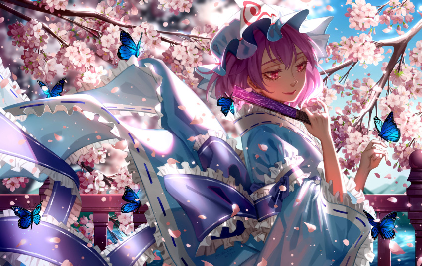 1girl absurdres arm_garter arm_ribbon arm_strap bangs blue_bow blue_butterfly blue_headwear blue_kimono blue_ribbon blue_sash blue_sky blurry blurry_background blush bow bridge bug butterfly butterfly_on_finger butterfly_on_hand cherry_blossoms clouds commentary day eyelashes falling_petals fan flower folding_fan frilled_kimono frilled_sash frilled_sleeves frills glowing glowing_butterfly half-closed_eyes hands_up hat highres holding holding_fan insect japanese_clothes kimono light_particles lips long_sleeves mob_cap mountainous_horizon obi outdoors petals pink_eyes pink_flower pink_hair puffy_sleeves railing ribbon ribbon-trimmed_sleeves ribbon_trim saigyouji_yuyuko sash short_hair sidelocks signature sky smile solo touhou tree tree_branch triangular_headpiece twitter_username water wavy_hair wide_sleeves ze_xia