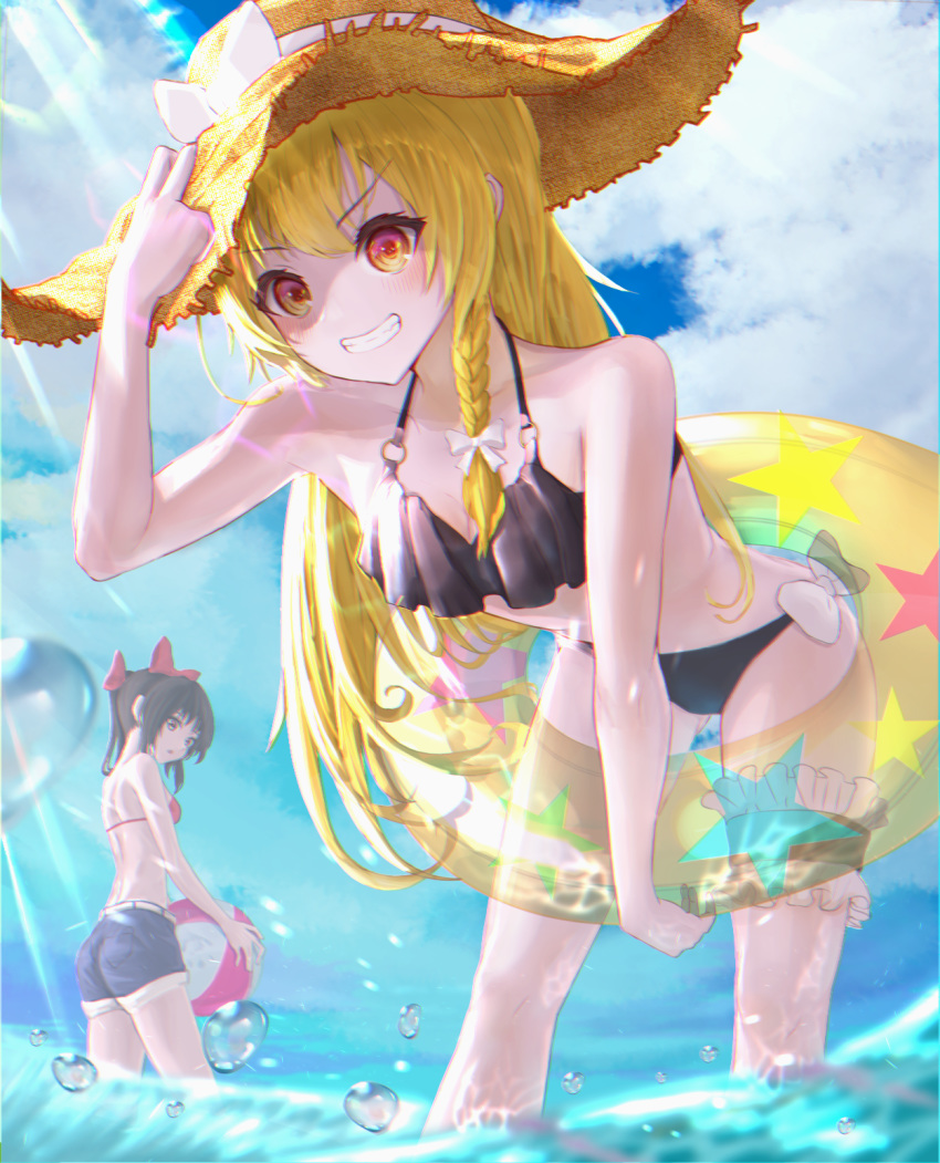 2girls arm_up ball bangs beachball bikini bikini_top black_bikini black_hair blonde_hair blush bow bow_swimsuit braid breasts brown_eyes chromatic_aberration clouds frilled_bikini frills hair_bow hakurei_reimu hand_on_headwear hat hat_ribbon highres holding innertube kirisame_marisa leaning_forward leg_garter light_rays long_hair medium_hair multiple_girls o-ring o-ring_top orange_eyes ponytail red_bikini red_bow ribbon shorts single_braid sky small_breasts smile splashing straw_hat sun_hat sunlight swimsuit teeth tenpai thighs touhou v-shaped_eyebrows very_long_hair water white_bow